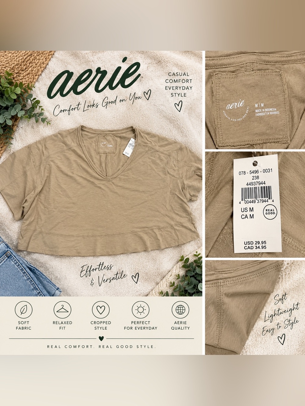 aerie Cropped V-Neck Tee in Taupe